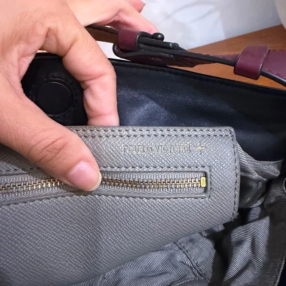 Pour La Victoire Black Leather Hobo Shoulder Bag with a Burgundy Strap - Picture 7 of 11